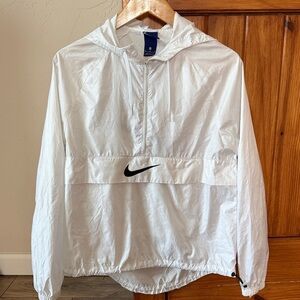 Nike White Hooded Windbreaker with Black Swoosh Pullover
